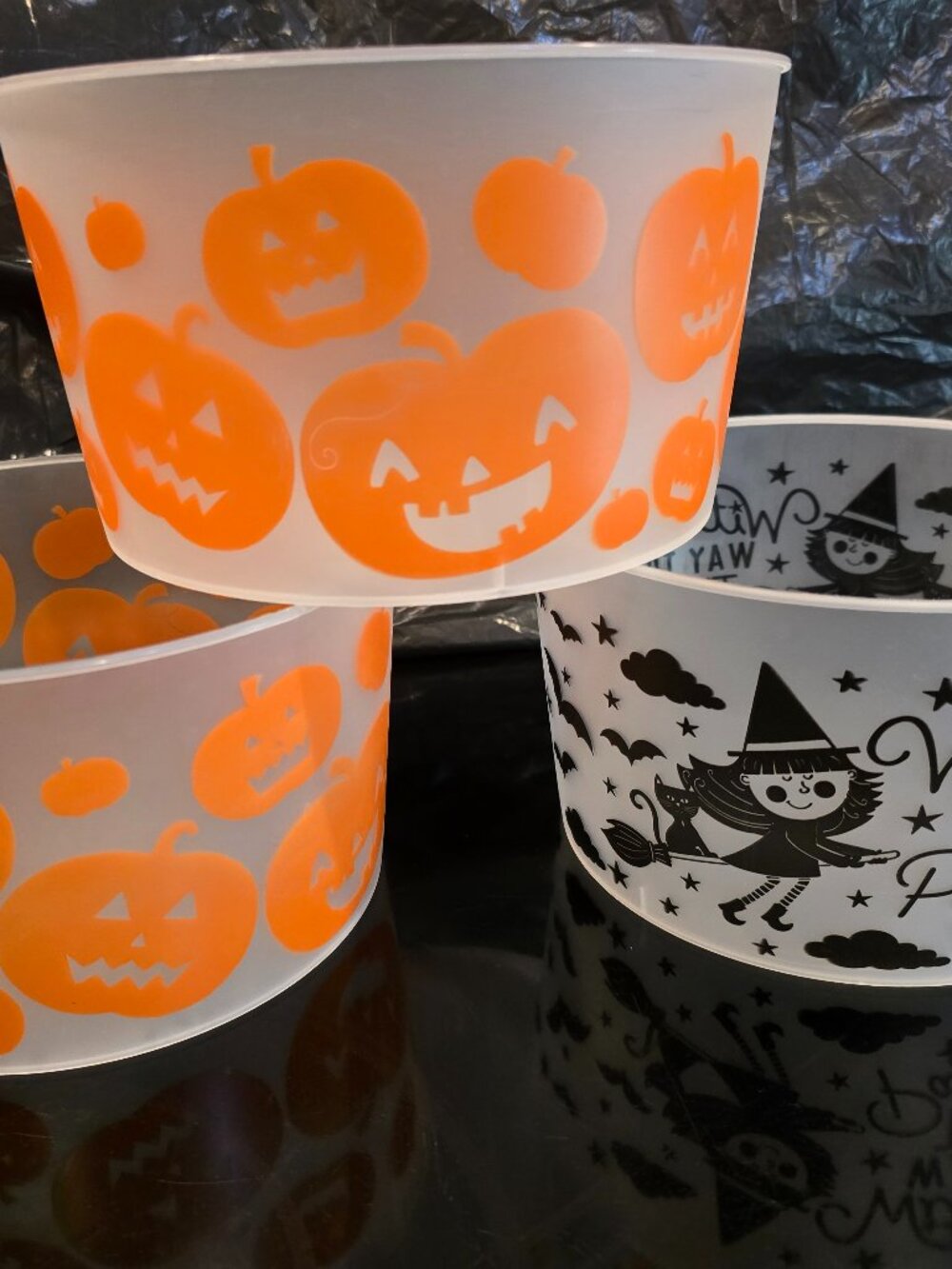 Halloween Snack Plastic Buckets Set of 3 Pumpkins Witches Orange Black Vintage